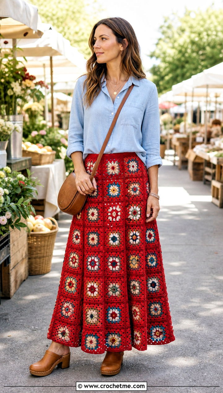 Granny Square Maxi Skirt With Denim Shirt - 25 Crochet Clothes With Granny Squares outfit ideas