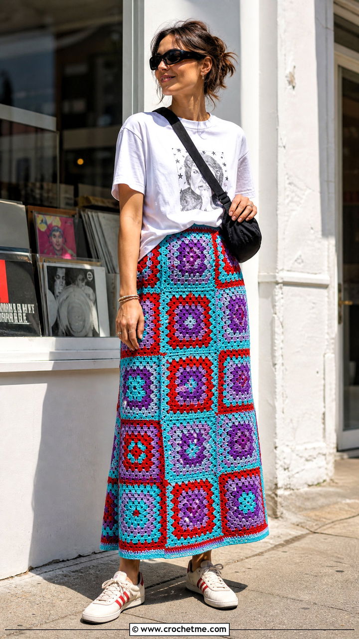 Granny Square Maxi Skirt With Graphic T Shirt - 35 granny square skirt outfit ideas
