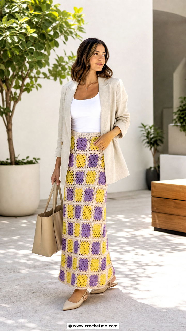 Granny Square Maxi Skirt With Linen Blazer - 35 granny square skirt outfit ideas