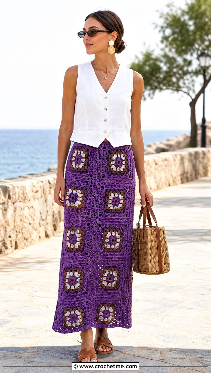 Granny Square Maxi Skirt With Linen Vest - 30 granny square crochet skirt outfit ideas