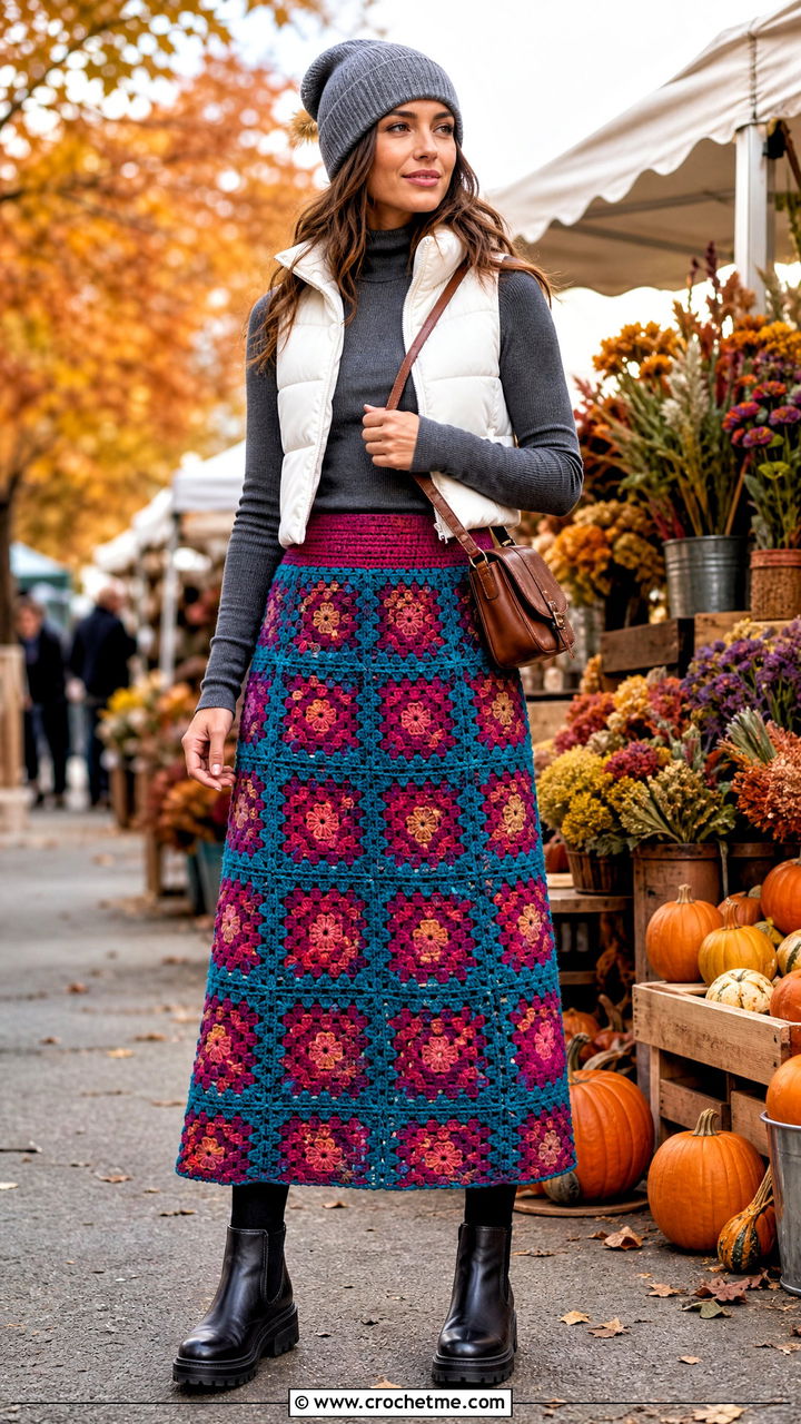 Granny Square Maxi Skirt With Puffer Vest - 35 granny square skirt outfit ideas