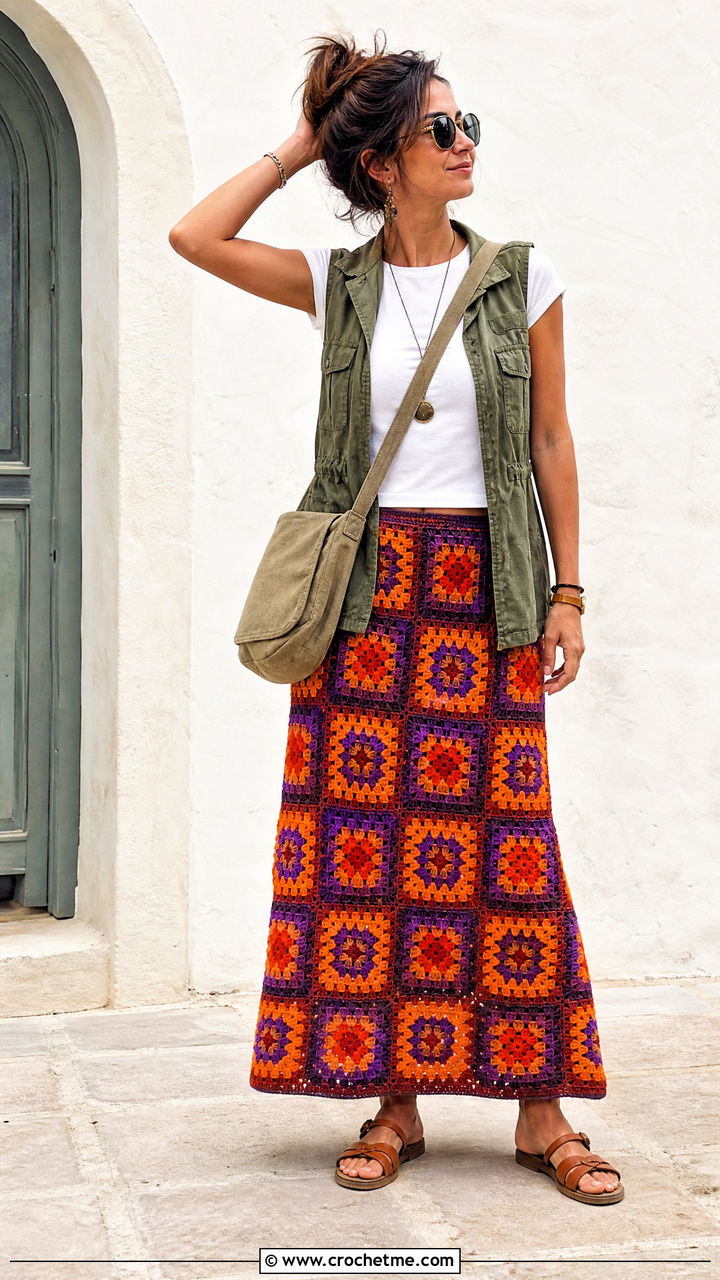 Granny Square Maxi Skirt With Utility Vest - 35 granny square skirt outfit ideas
