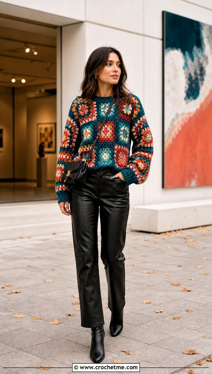Granny Square Mcdreamy Crochet Sweater With Black Leather Pants - 15 Mcdreamy Crochet Sweater outfit ideas