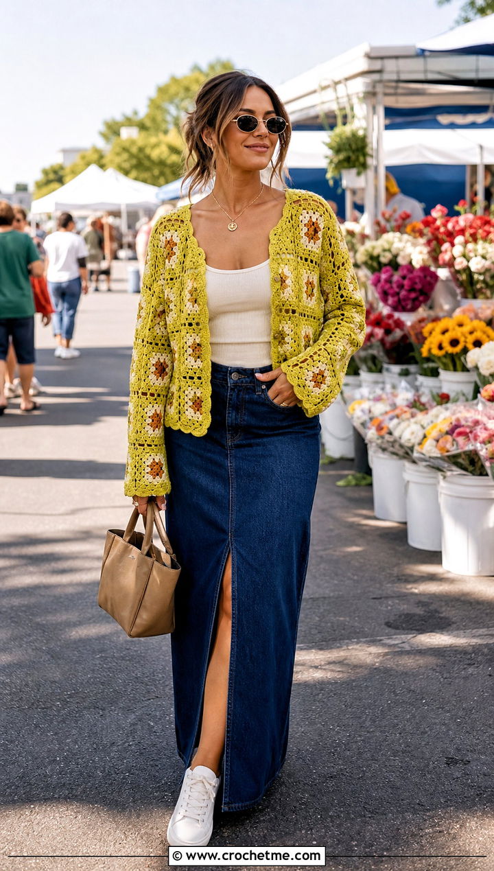 Granny Square Mesh Crochet Cardigan With Denim Maxi Skirt - 35 crochet mesh cardigan outfit ideas