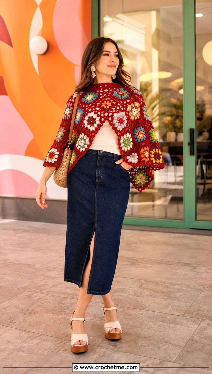 Granny Square Mesh Crochet Poncho With Denim Skirt - 25 Mesh Crochet Poncho outfit ideas