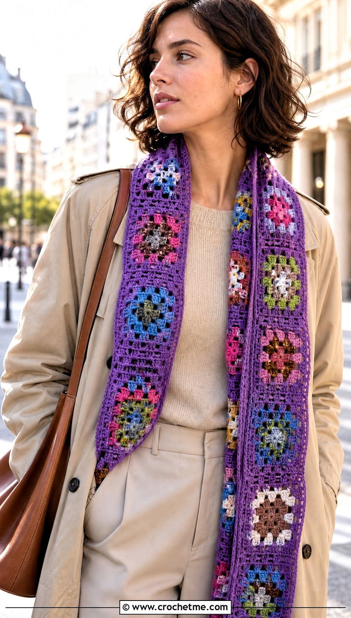 Granny Square Mesh Crochet Scarf With Trench Coat - 25 Mesh Crochet Scarf outfit ideas