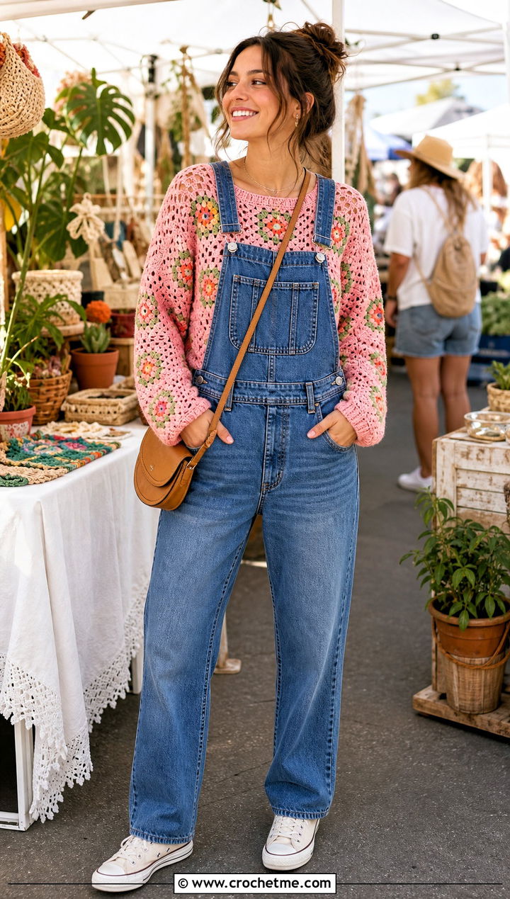 Granny Square Mesh Crochet Sweater With Denim Overalls - 30 mesh crochet sweater outfit ideas
