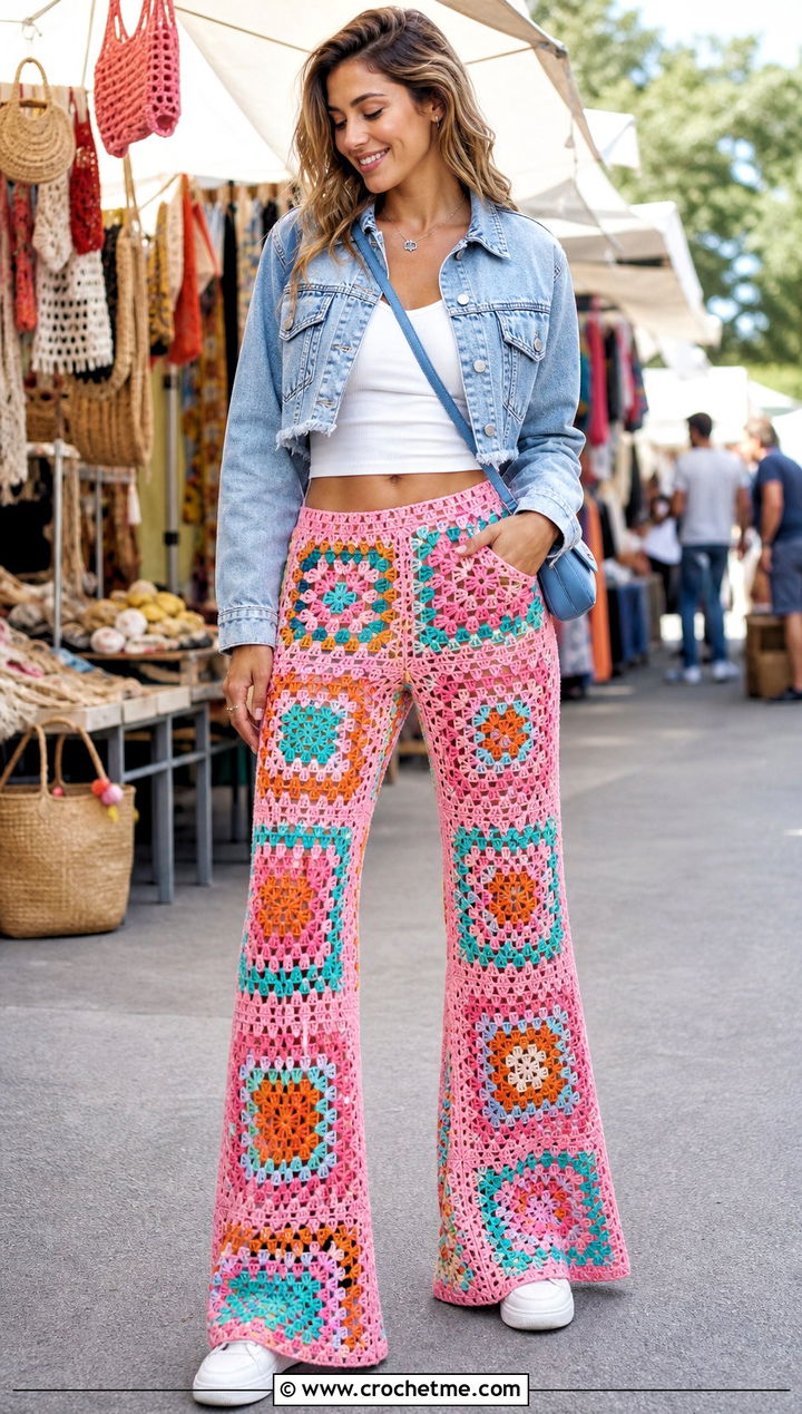 Granny Square Mesh Flare Pants With Denim Jacket - 20 Crochet Mesh Flare Pants outfit ideas
