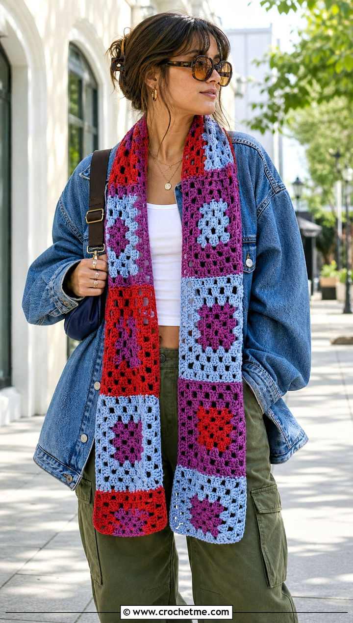 Granny Square Mesh Scarf With Denim Jacket And Cargo Pants - 25 Crochet Mesh Scarf outfit ideas