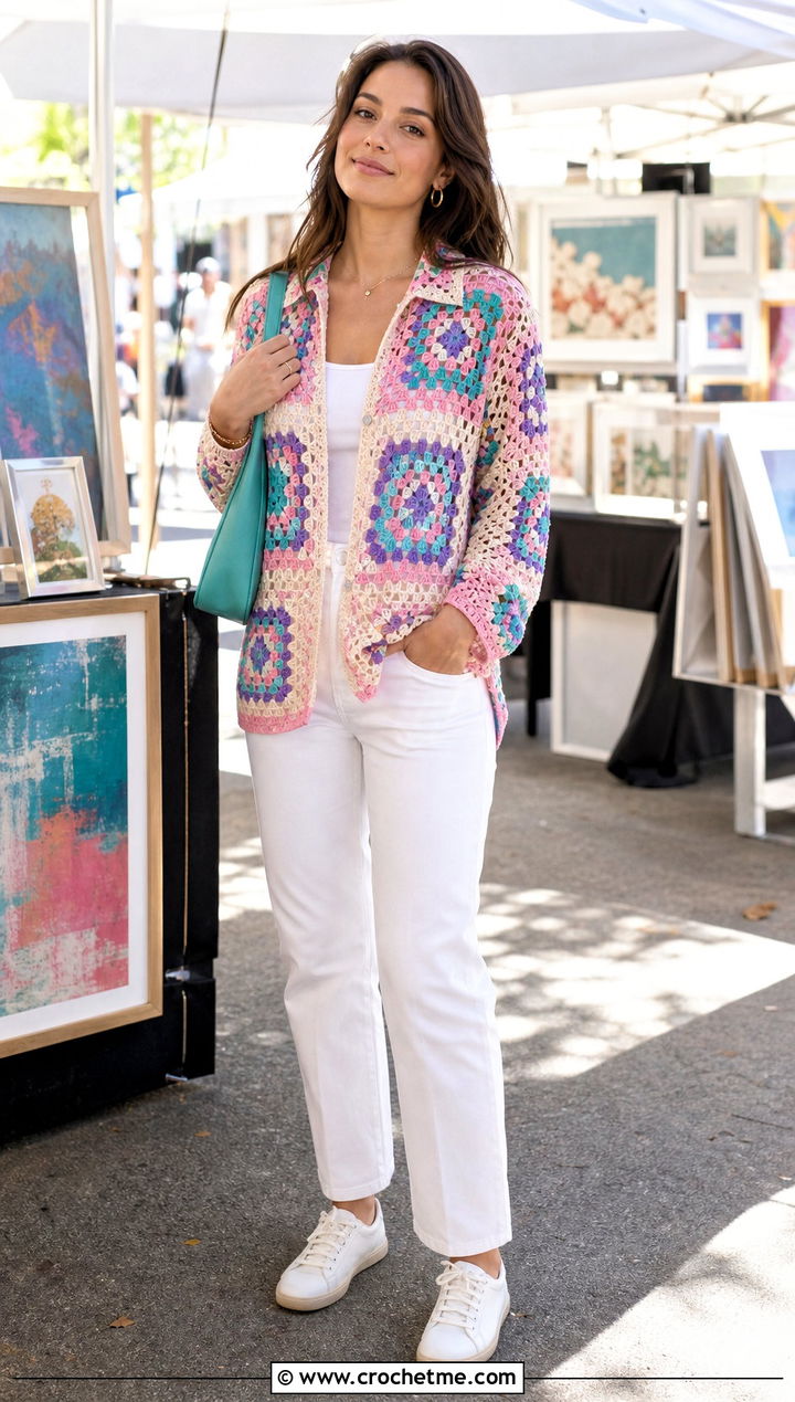 Granny Square Mesh Shirt With White Jeans - 30 crochet mesh shirt outfit ideas