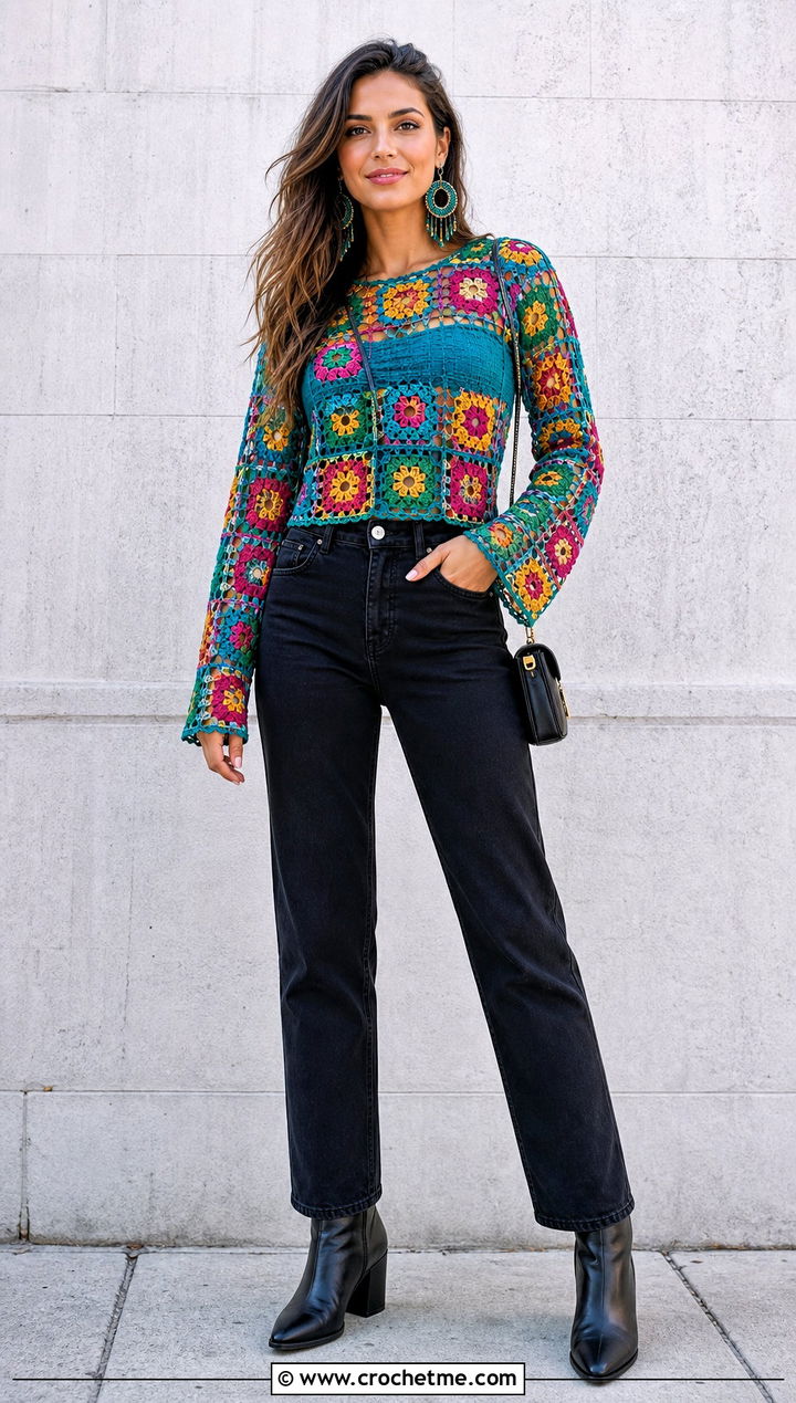 Granny Square Mesh Sleeve Top With Black Jeans - 25 crochet mesh sleeve top outfit ideas
