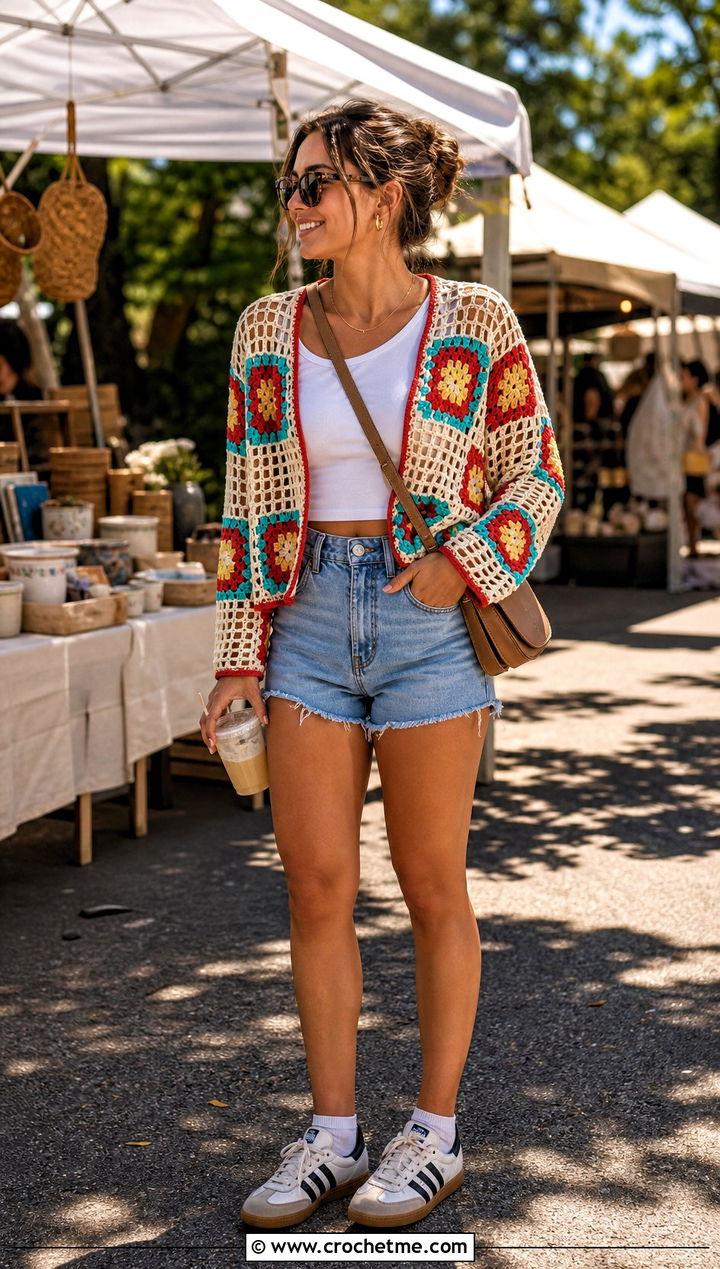 Granny Square Mesh Top With Denim Shorts - 30 crochet summer mesh top outfit ideas