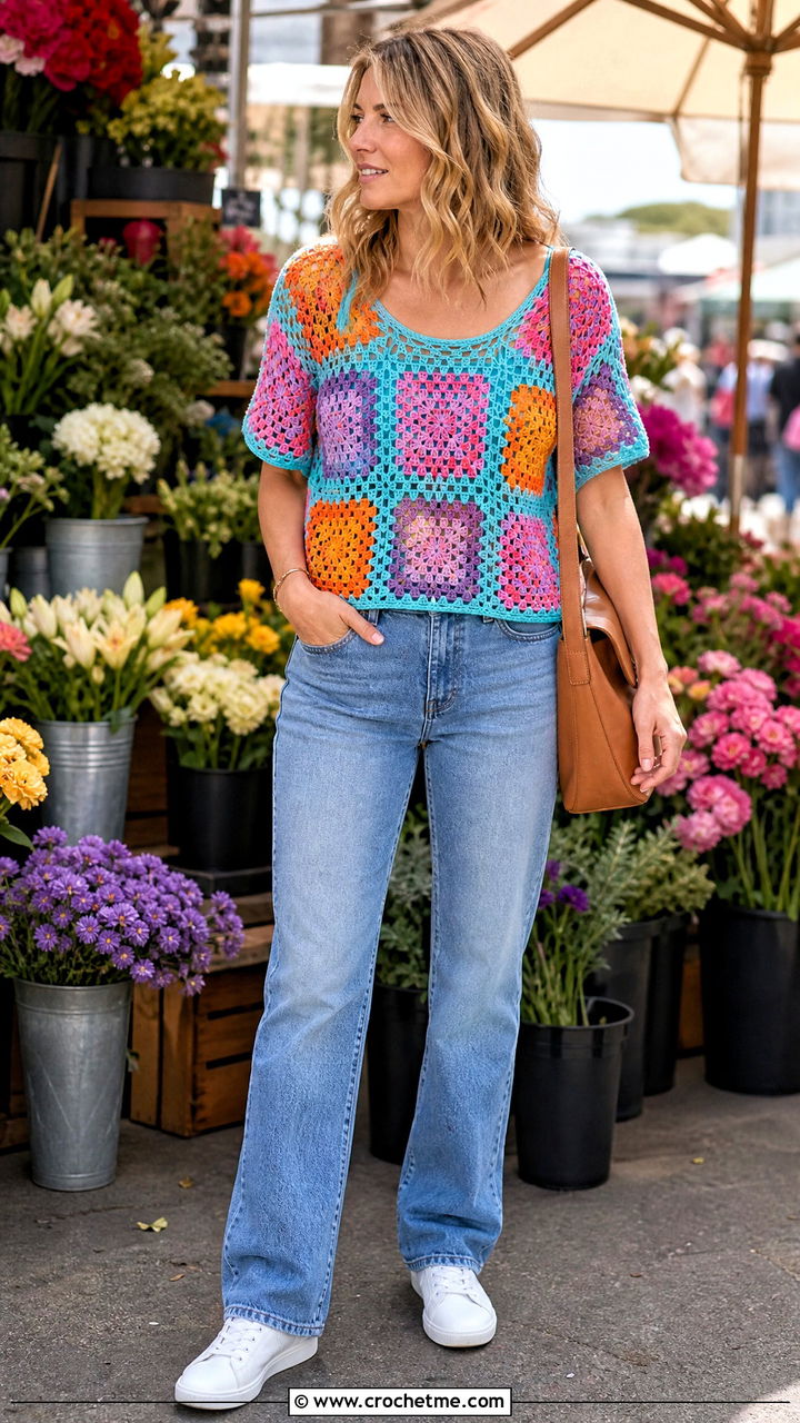 Granny Square Mesh Top With Straight Leg Jeans - 35 crochet mesh top outfit ideas