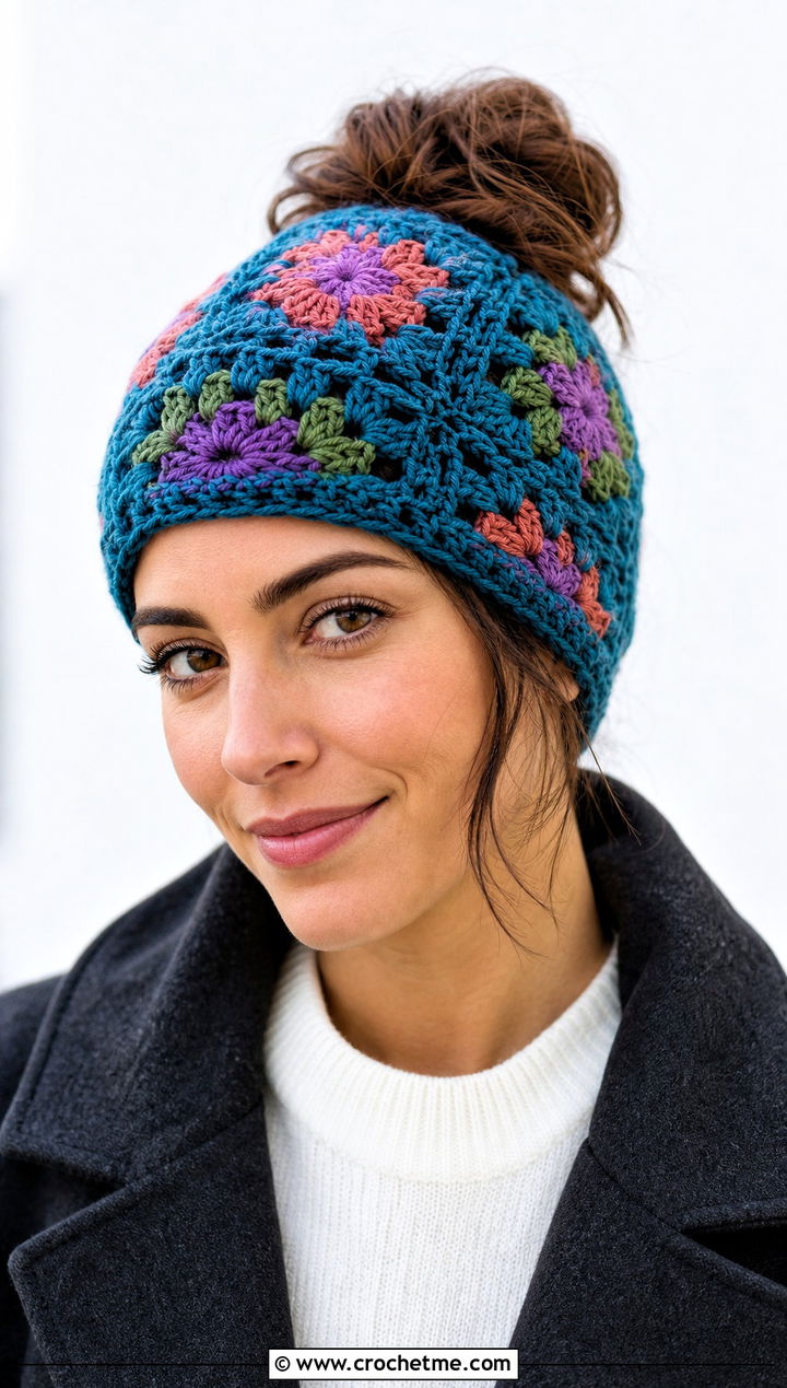 Granny Square Messy Bun Crochet Beanie With Minimal Basics - 30 easy messy bun crochet beanie outfit ideas