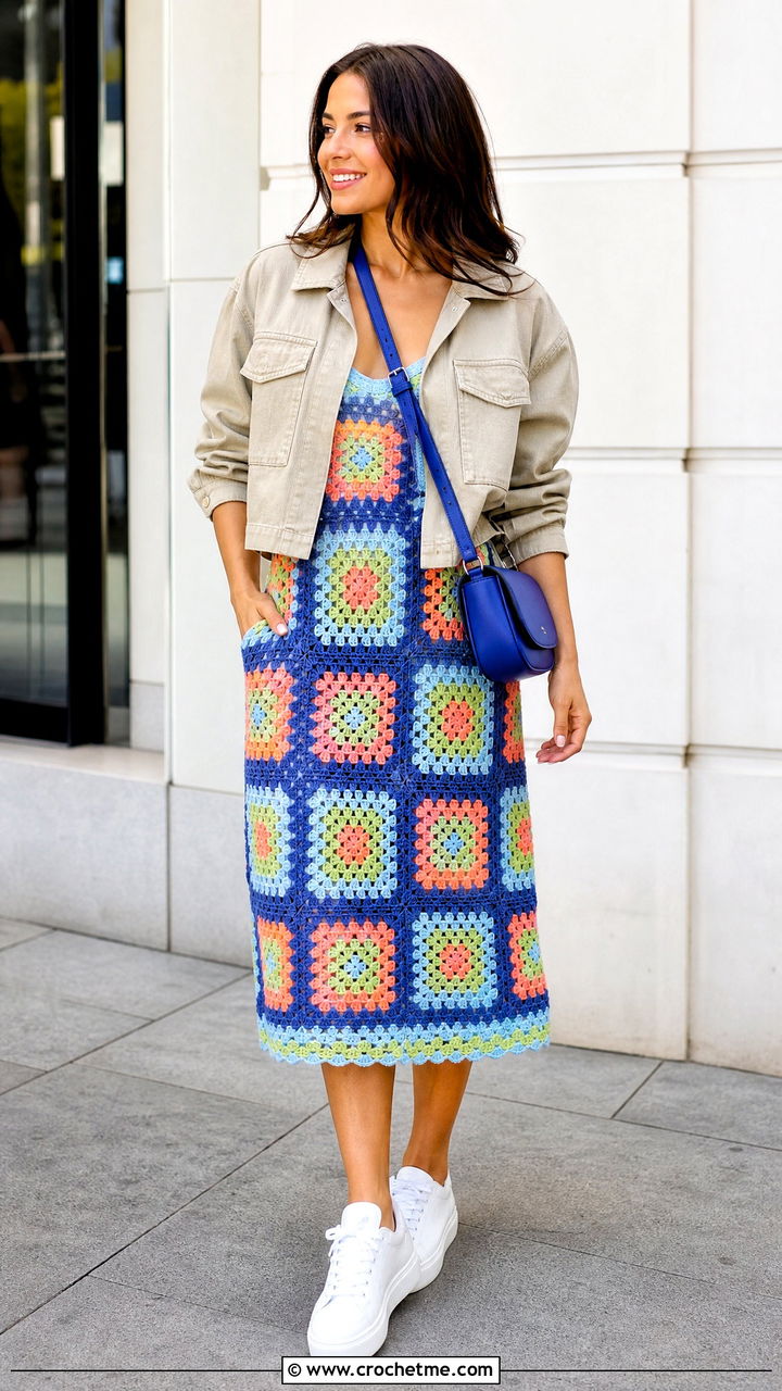 Granny Square Midi Crochet Frock With White Sneakers - 35 Crochet Frocks For Women outfit ideas