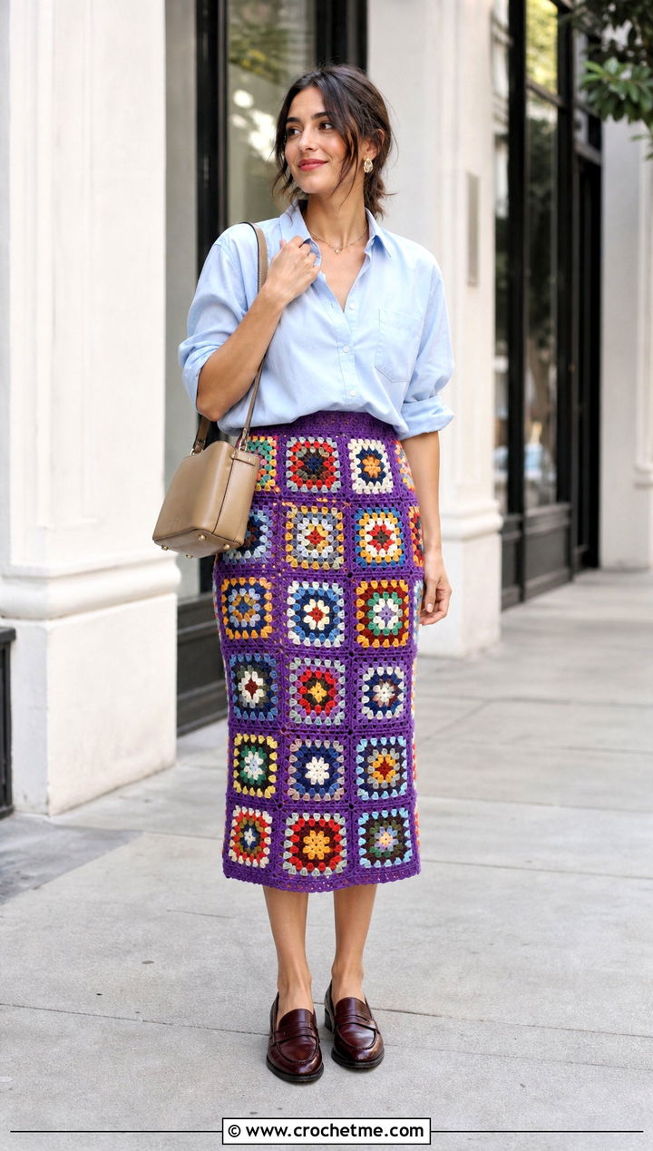 Granny Square Midi Crochet Skirt With Chambray Shirt - 30 midi crochet skirt outfit ideas