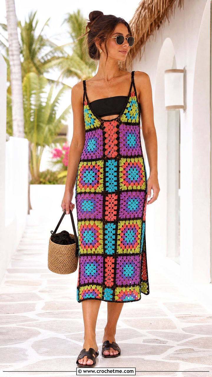 Granny Square Midi Dress With Black Swimsuit - 35 crochet bathing suit cover up outfit ideas