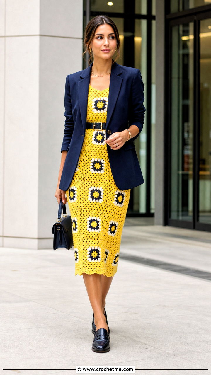 Granny Square Midi Dress With Blazer And Loafers - 35 granny square dress outfit ideas