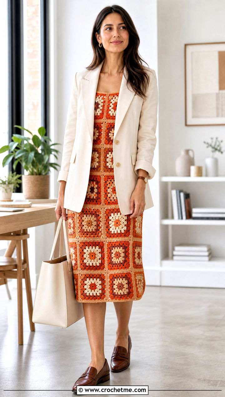 Granny Square Midi Dress With Blazer And Loafers - 30 granny squares clothes and outfit ideas