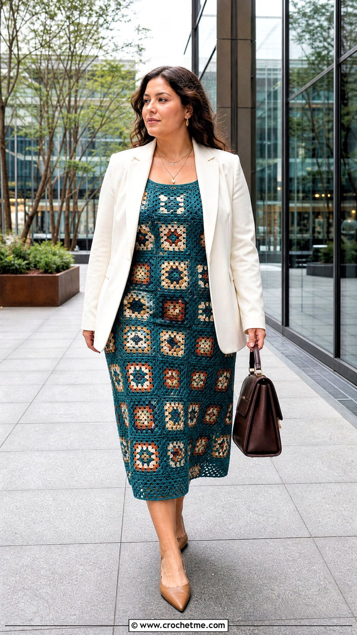 Granny Square Midi Dress With Blazer - 35 crochet granny square dress outfit ideas
