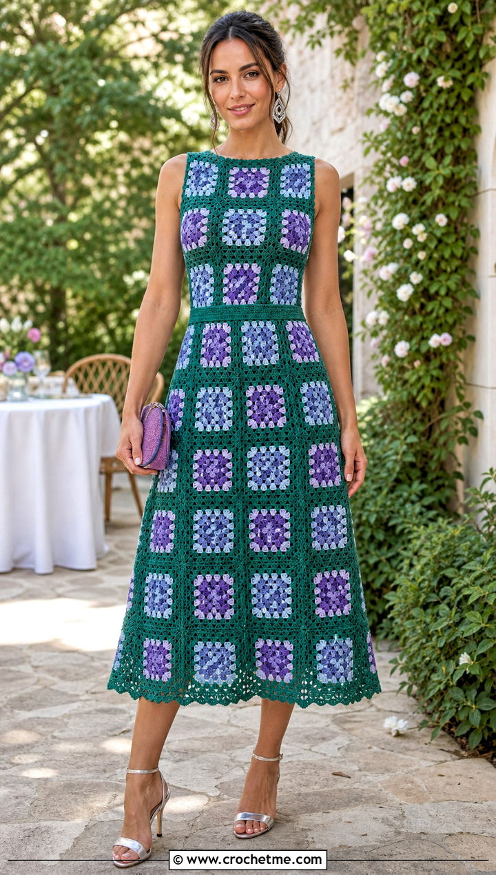 Granny Square Midi Dress With Heeled Sandals - 35 granny square clothing and outfit ideas