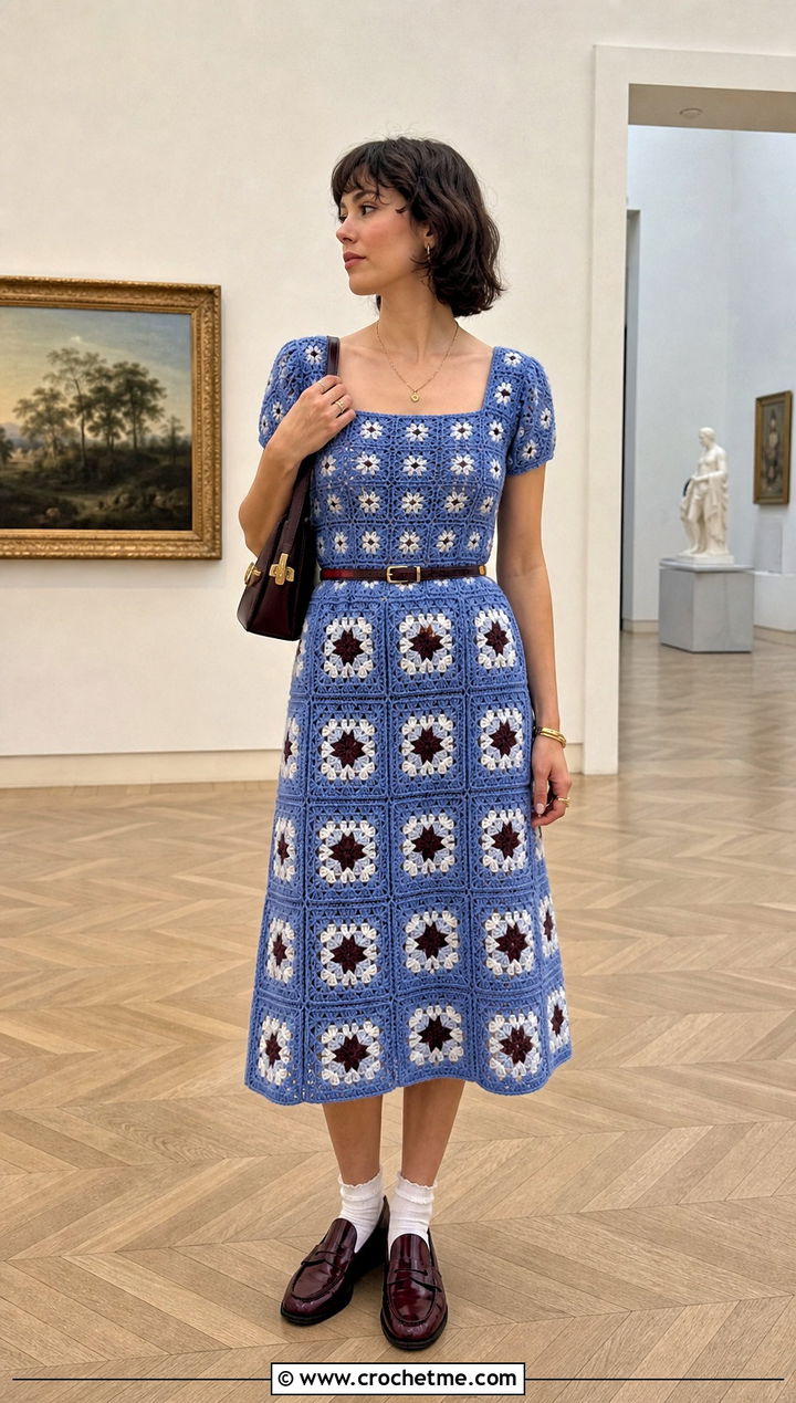 Granny Square Midi Dress With Loafers - 35 Granny Square Clothing Ideas