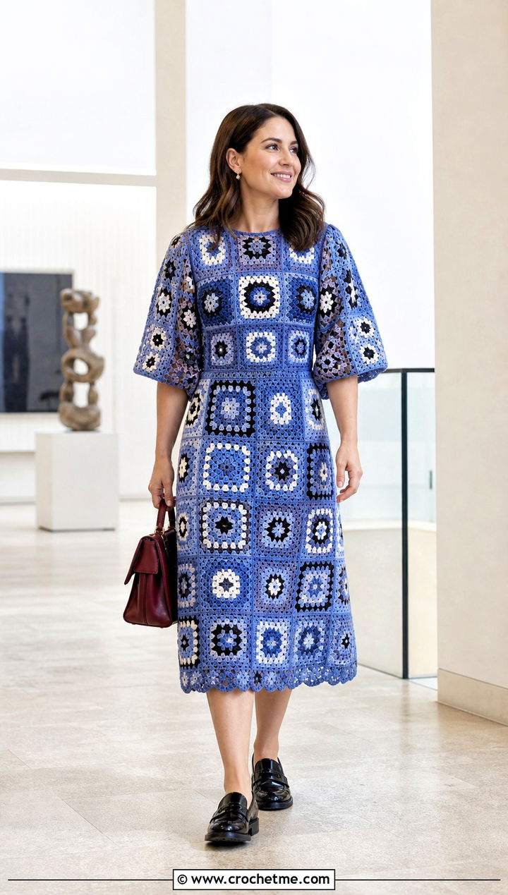 Granny Square Midi Dress With Loafers - 30 crochet granny square clothing and outfit ideas