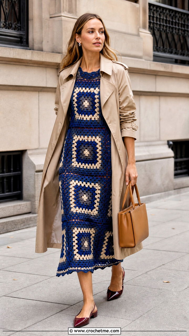 Granny Square Midi Dress With Trench Coat - 35 granny square clothes and outfit ideas