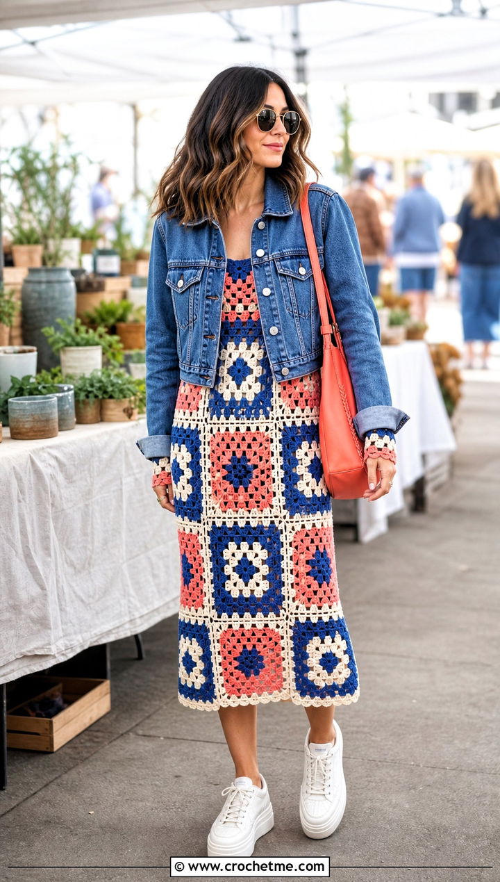 Granny Square Midi Long Sleeve Crochet Sweater Dress With Denim Jacket - 25 long sleeve crochet sweater dress outfit ideas