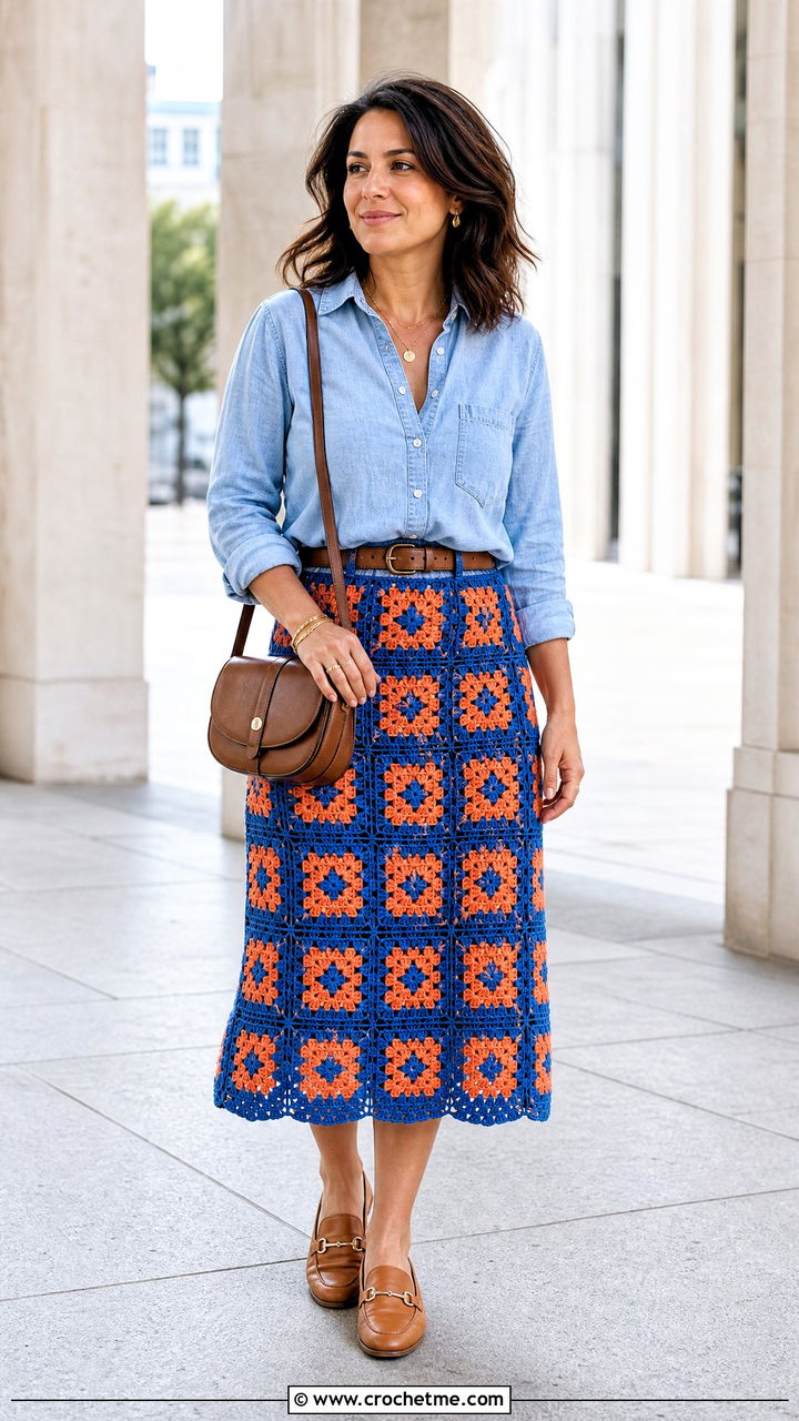 Granny Square Midi Skirt With Denim Shirt - 35 granny square skirt outfit ideas