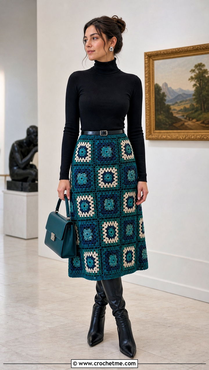 Granny Square Midi Skirt With Fitted Turtleneck - 30 granny squares clothes and outfit ideas