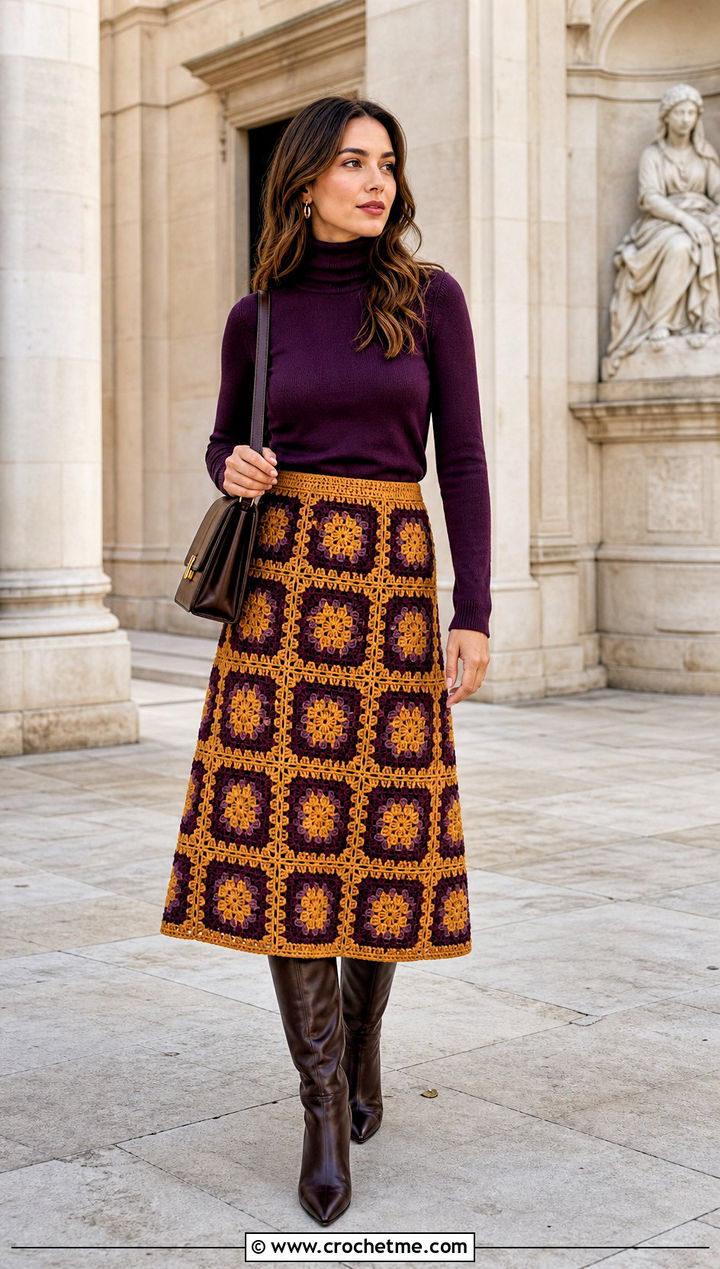 Granny Square Midi Skirt With Fitted Turtleneck - 35 granny square clothing and outfit ideas