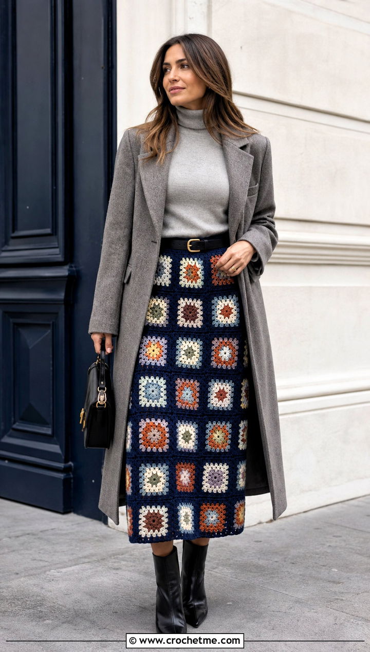 Granny Square Midi Skirt With Fitted Turtleneck - 35 Granny Square Clothing Ideas