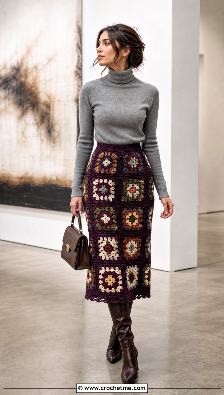 Granny Square Midi Skirt With Fitted Turtleneck - 25 Crochet Clothes With Granny Squares outfit ideas