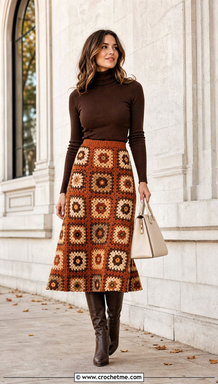 Granny Square Midi Skirt With Fitted Turtleneck - 30 crochet granny square clothing and outfit ideas