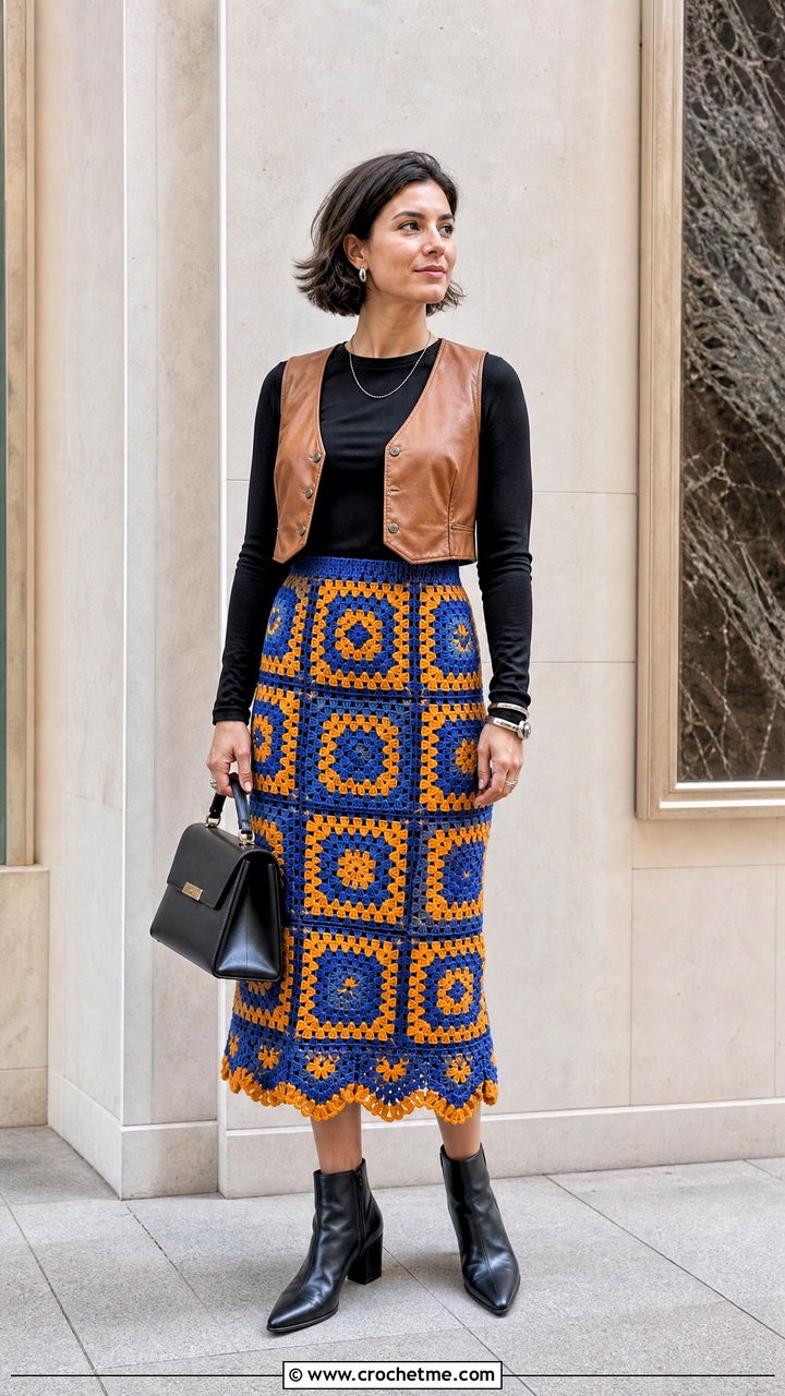Granny Square Midi Skirt With Leather Vest - 35 granny square skirt outfit ideas