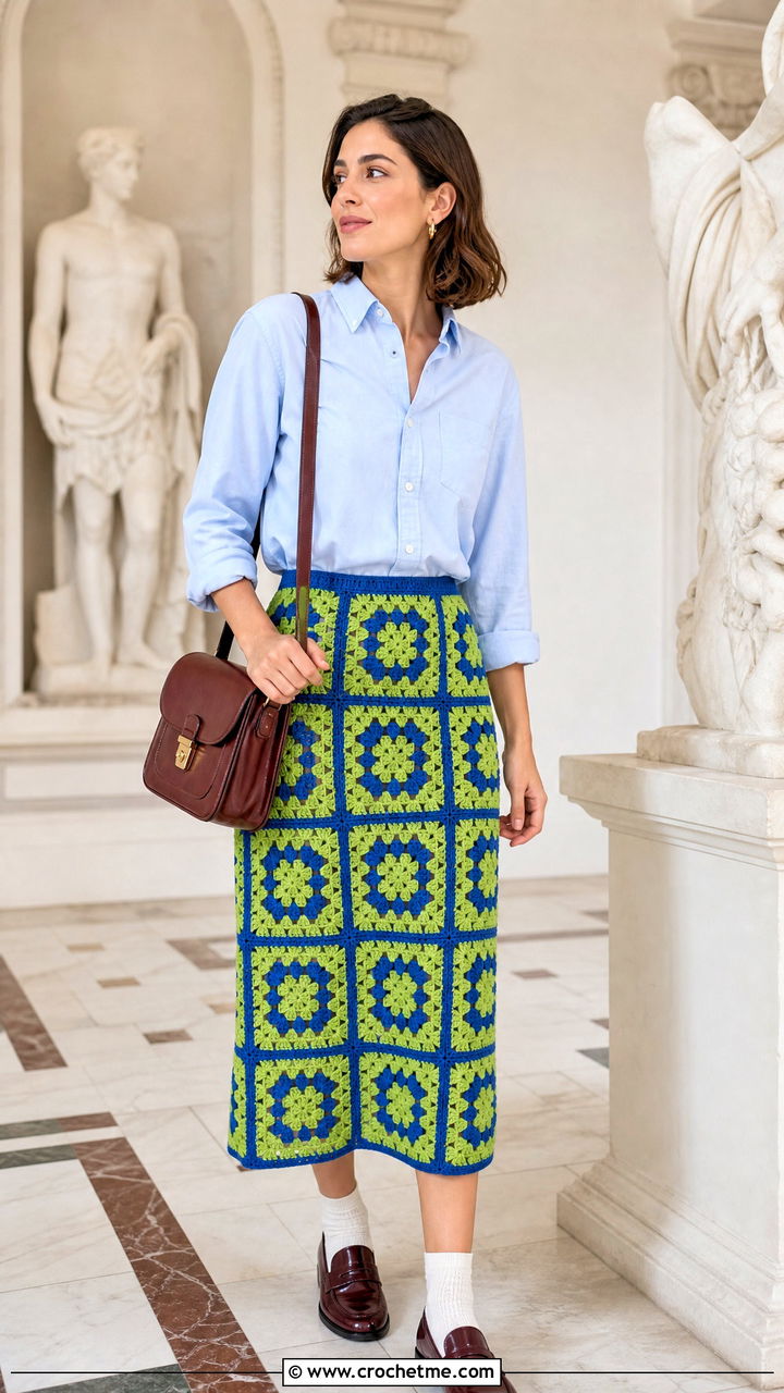 Granny Square Midi Skirt With Oxford Shirt And Loafers - 35 granny square skirt outfit ideas
