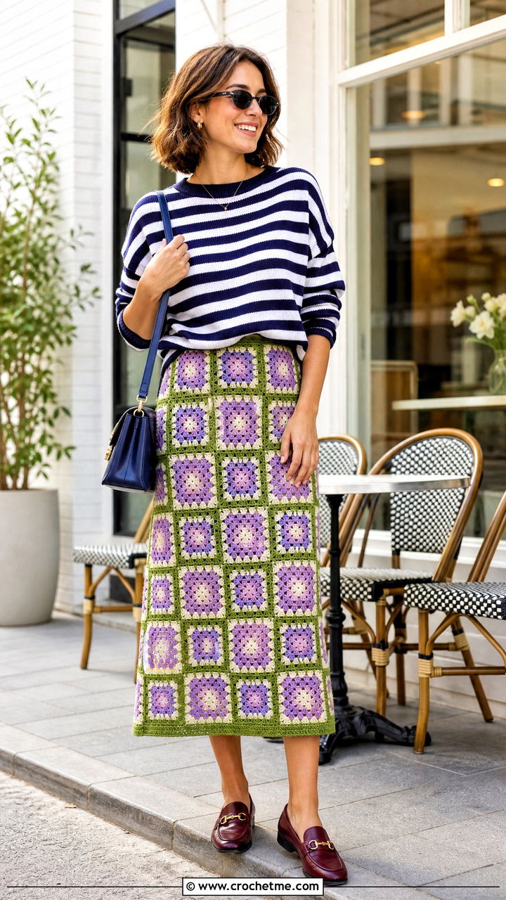 Granny Square Midi Skirt With Striped Sweater - 35 granny square skirt outfit ideas