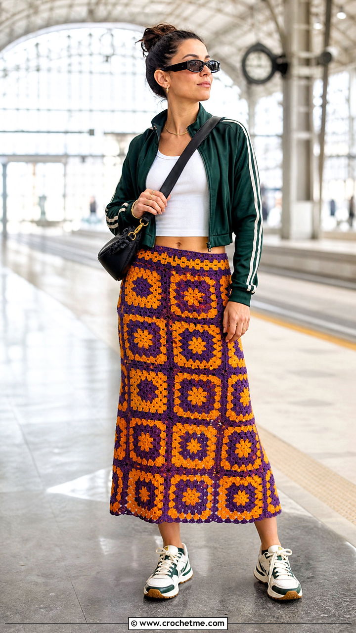 Granny Square Midi Skirt With Track Jacket - 35 granny square skirt outfit ideas