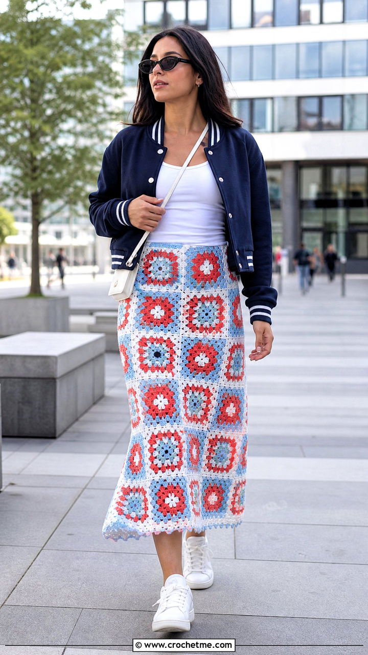 Granny Square Midi Skirt With Varsity Jacket - 35 granny square skirt outfit ideas