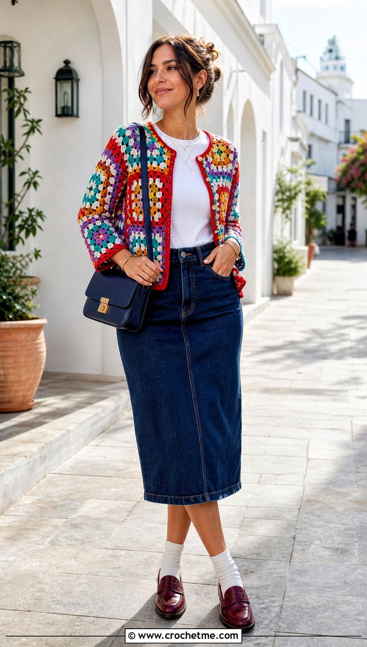 Granny Square Mini Crochet Cardigan With Denim Skirt - 35 mini crochet cardigan outfit ideas