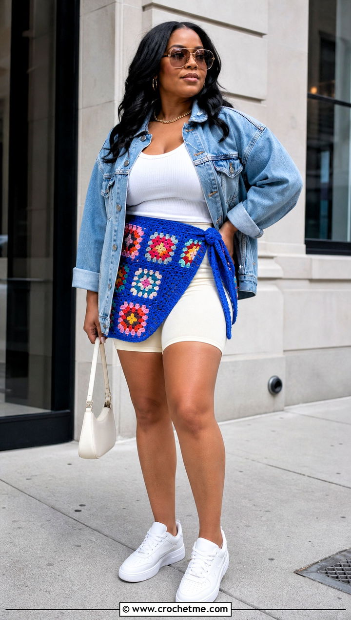 Granny Square Mini Crochet Sarong With Denim Jacket - 35 crochet sarong outfit ideas