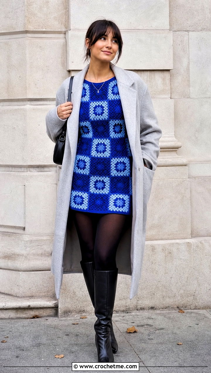 Granny Square Mini Dress With Knee High Boots - 25 Crochet Clothes With Granny Squares outfit ideas