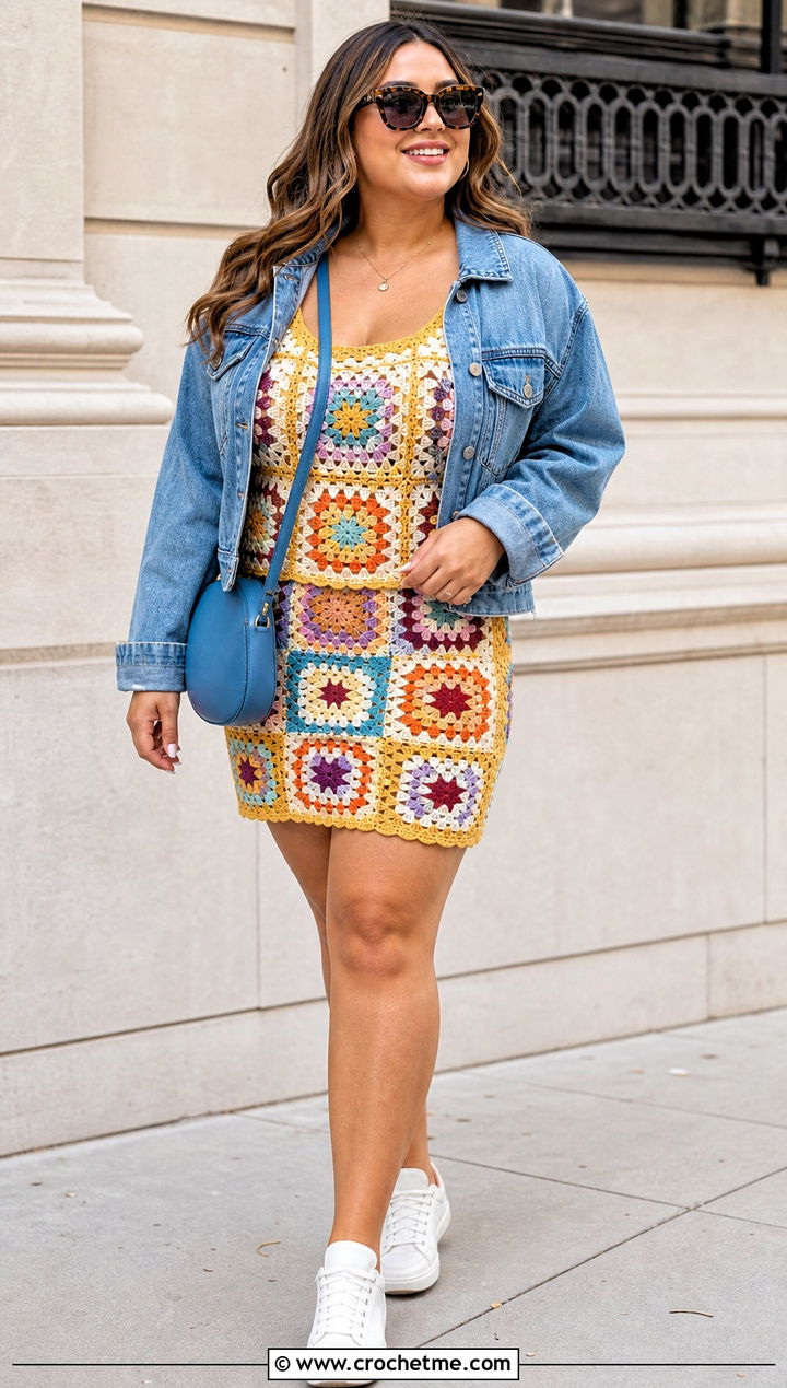 Granny Square Mini Skirt Set With Denim Jacket - 35 Crochet Skirts Set Outfit ideas