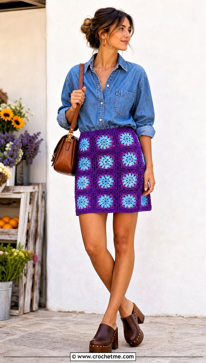 Granny Square Mini Skirt With Denim Shirt And Clogs - 25 granny square mini skirt outfit ideas