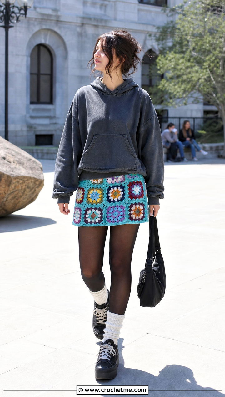Granny Square Mini Skirt With Oversized Hoodie - 35 Crochet Grunge Clothes and outfit ideas