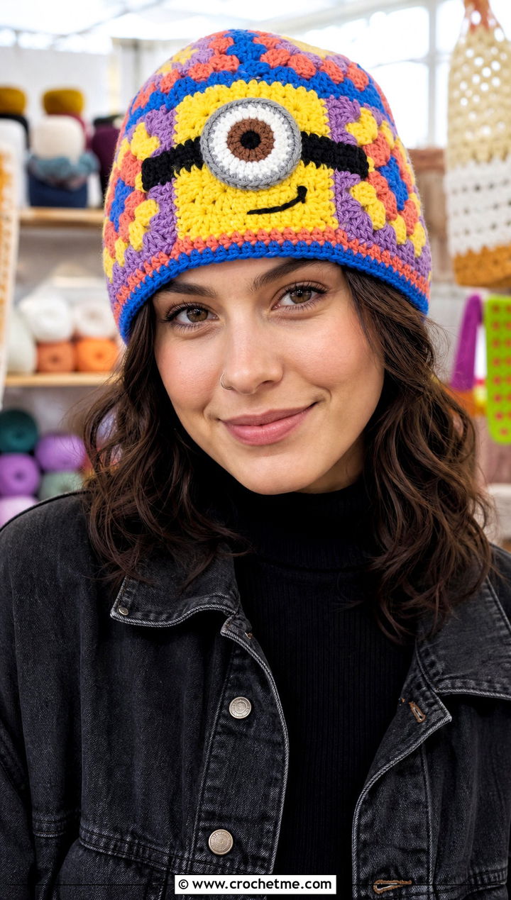 Granny Square Minion Crochet Beanie With Patchwork Denim - 25 minion crochet beanie outfit ideas