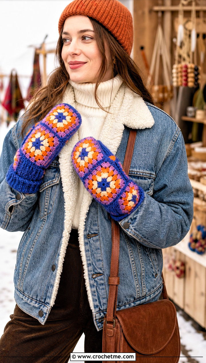 Granny Square Mittens With Denim Jacket - 15 vintage crochet mitten outfit ideas