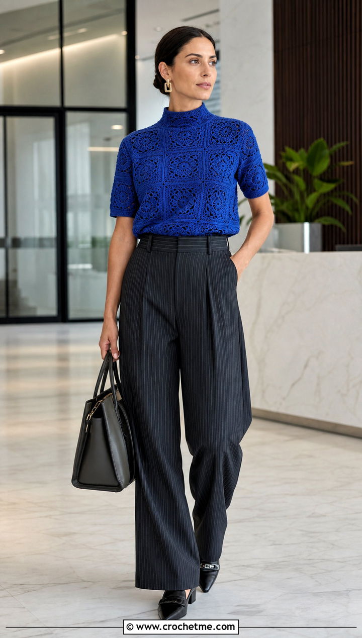 Granny Square Mock Neck Top With Pinstripe Trousers - 35 granny square crochet top outfit ideas
