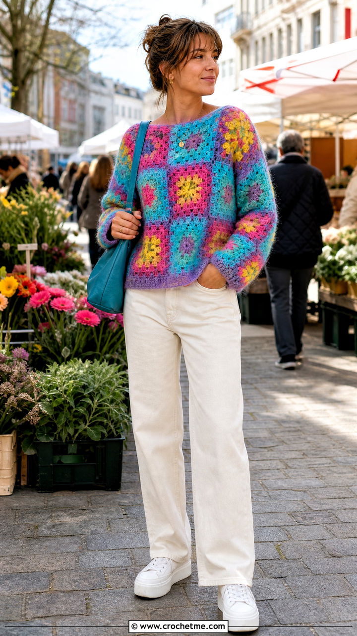 Granny Square Mohair Crochet Sweater With Ecru Denim - 35 mohair crochet sweater outfit ideas